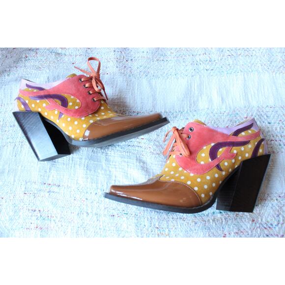 John Fluevog Dali Orange Contrast Western Lace Up Suede Heeled Shoes M10/W12 - Picture 2 of 8